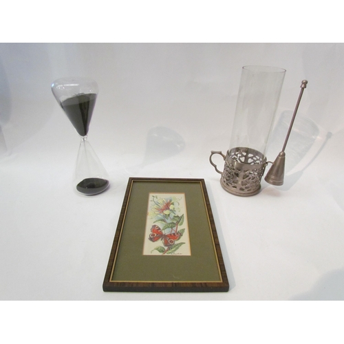 1414 - A sand timer, chamber candlestick, Victorian brass desk stand and woven picture of butterflies (4)