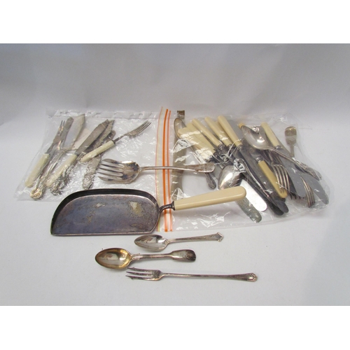 1429 - A box containing plated flatware, forks, spoons, teaspoons and ivorine handled