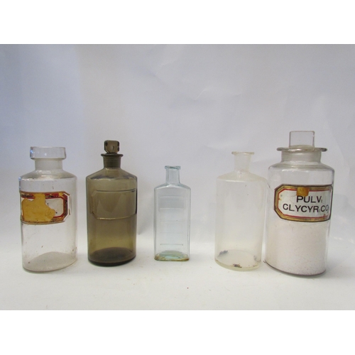 1431 - Five vintage chemist bottles, neck to one damaged