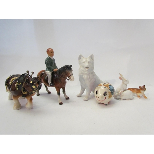 1440 - A ceramic pony with child rider, shire horse, fox, rabbits and miniature piggy bank, etc (6)   (E) £... 