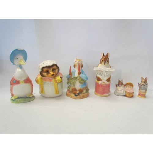 1454 - Four Beatrix Potter money boxes, damaged, and two Royal Albert and Royal Doulton figures (6)      (E... 