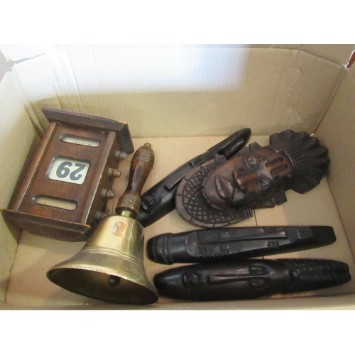 1467 - A quantity of vintage items including tray, desk calendar, walnut jewellery box and hand bell