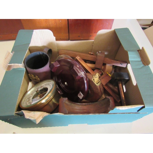 1469 - A box of miscellaneous including marking planes, leather cased tape measures, etc.