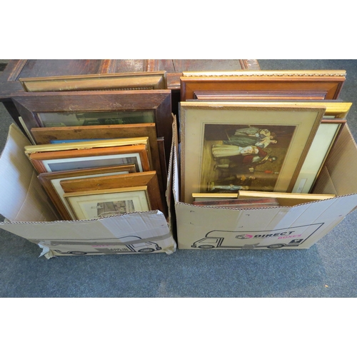 1501 - Two boxes of pictures and prints together with a tin of assorted stamps