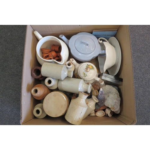 1531 - A box of miscellaneous including fossils, stoneware bottles, miniature pottery, etc