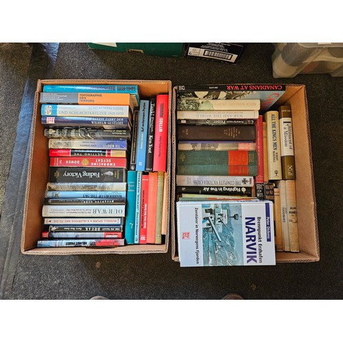 1241 - Two boxes of military and WWII related books, various theatres of war including Mediterranean, Far E... 