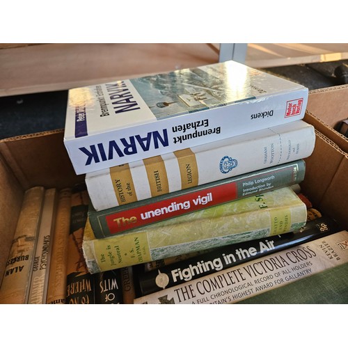 1241 - Two boxes of military and WWII related books, various theatres of war including Mediterranean, Far E... 