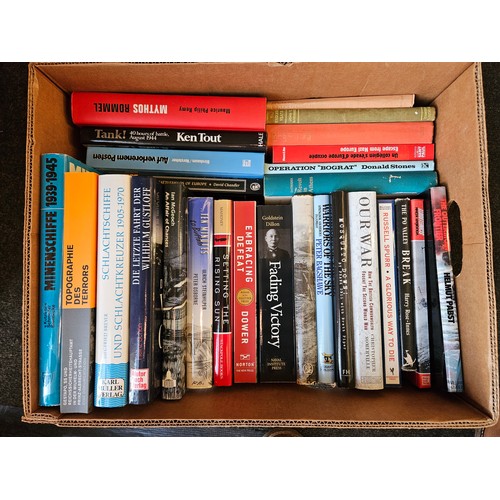 1241 - Two boxes of military and WWII related books, various theatres of war including Mediterranean, Far E... 