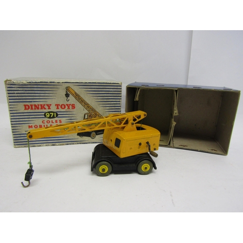 8214 - A Dinky 971 diecast Coles Mobile Crane in yellow with jib and hook, housed in blue striped pictorial... 