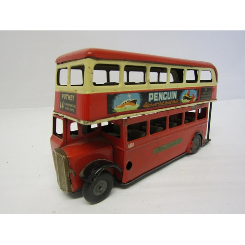 8235 - A Triang Minic 60M clockwork tinplate double decker London bus in red and cream, route number 14 to ... 