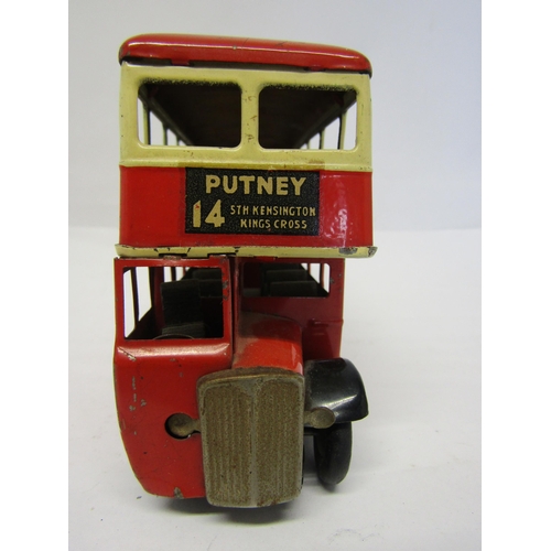 8235 - A Triang Minic 60M clockwork tinplate double decker London bus in red and cream, route number 14 to ... 