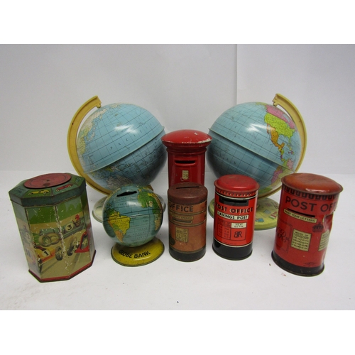 8342 - Two tinplate globes, four novelty tinplate money boxes and one ceramic example and a racing car them... 