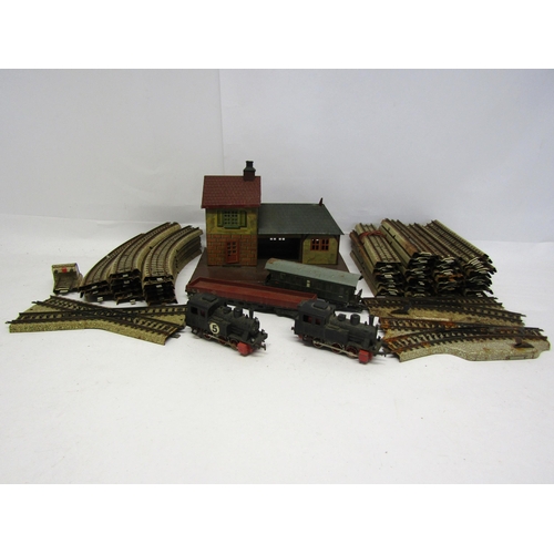 8456 - Two playworn Marklin 00/H0 gauge 0-6-0 locomotives no.3029, flat wagon, passenger coach and a quanti... 