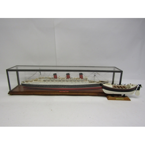 8429 - A kit built plastic model ship 'RMS Queen Mary' in perspex case, 62cm long, together with a wooden m... 