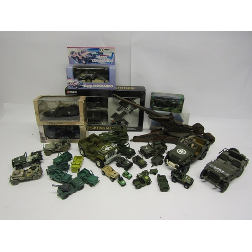 8438 - Assorted boxed and loose playworn diecast, plastic and other military vehicles including Corgi Fight... 