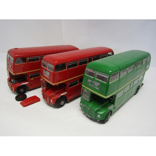 8402 - Three kit built plastic model double decker buses (3, a/f- some parts missing or detached)