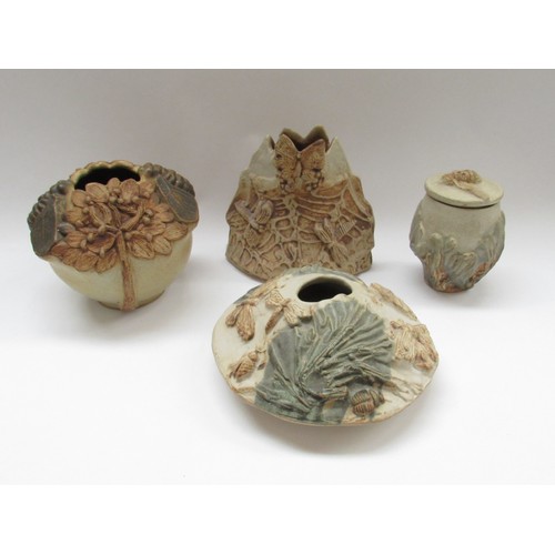 9101 - BERNARD ROOKE (b.1938): Three studio pottery vases decorated with insects and floral relief and a li... 