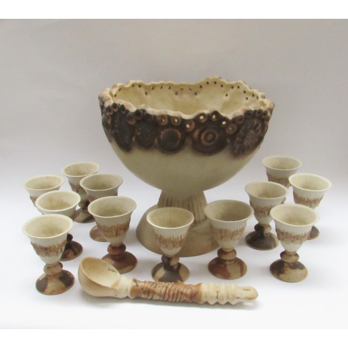 9118 - BERNARD ROOKE (b.1938): A studio pottery pedestal punch bowl together with 12 goblets. Bowl  32cm hi... 