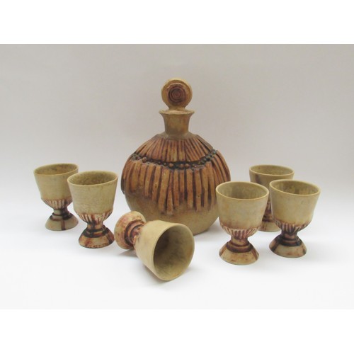 9104 - BERNARD ROOKE (b.1938): A studio pottery decanter together with goblets. Decanter 28cm high