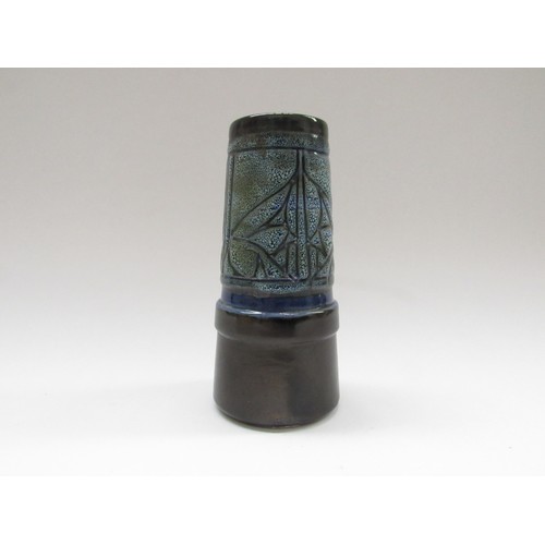 9063 - Celtic Pottery of Newlyn blue glazed tapered cylindrical vae, label to base 15.5cm high