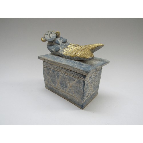 9015 - JOHN MALTBY (1936-2020) A Studio pottery lidded box blue glazed, the lid surmounted with a mermaid, ... 