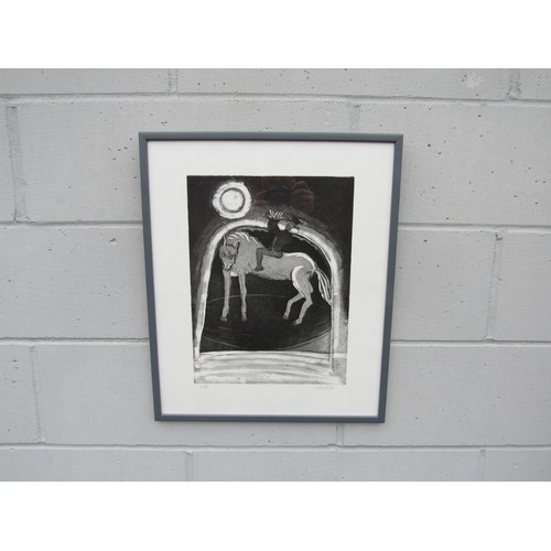 9476 - JOHN KIKI (b1943) A framed and glazed etching - untitled, figure on horse back.  Pencil signed and N... 