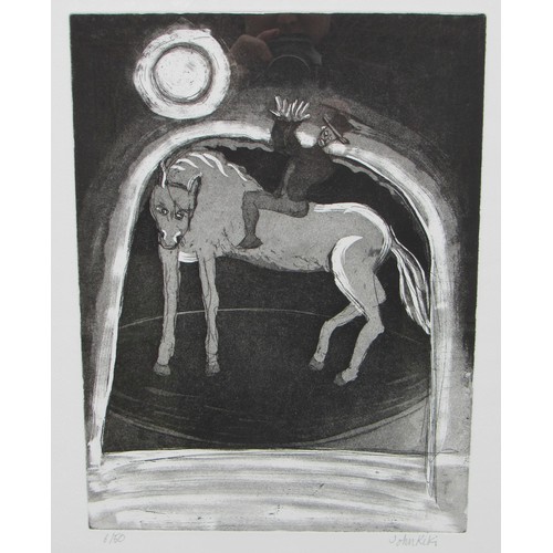 9476 - JOHN KIKI (b1943) A framed and glazed etching - untitled, figure on horse back.  Pencil signed and N... 