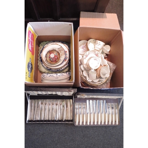 1541 - Two boxes of mixed ceramics, 19th Century teacups and saucers to include Davenport, plates, etc.