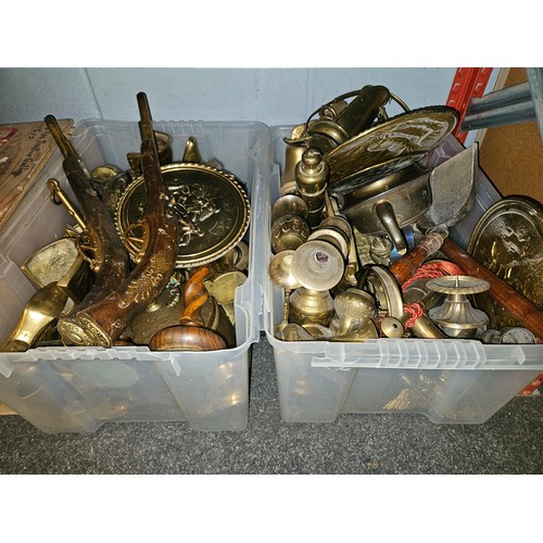 1270 - Two boxes of metal and brass including trays, pistols etc