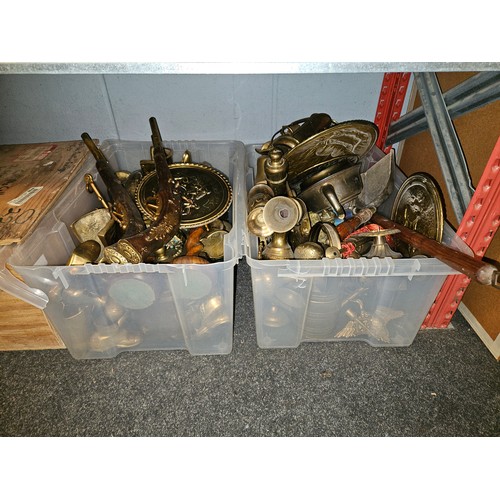 1270 - Two boxes of metal and brass including trays, pistols etc