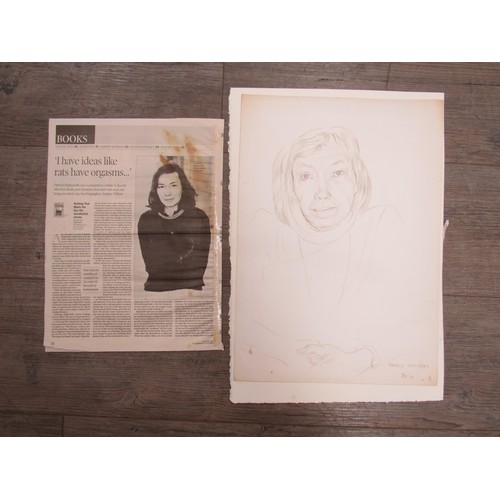 9450 - PATRICIA HIGHSMITH (1921-1995, crime author) An unframed pencil on paper self portrait, signed and d... 