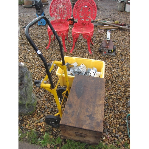 3370 - A box of joist hangers, a sack barrow and a chest of tools