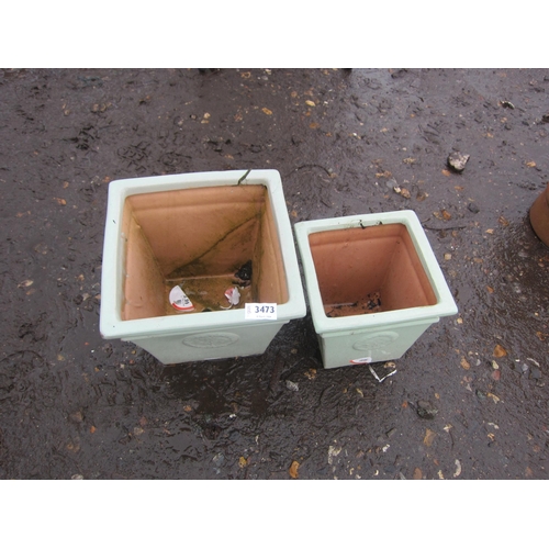 3473 - Two square green glazed pots