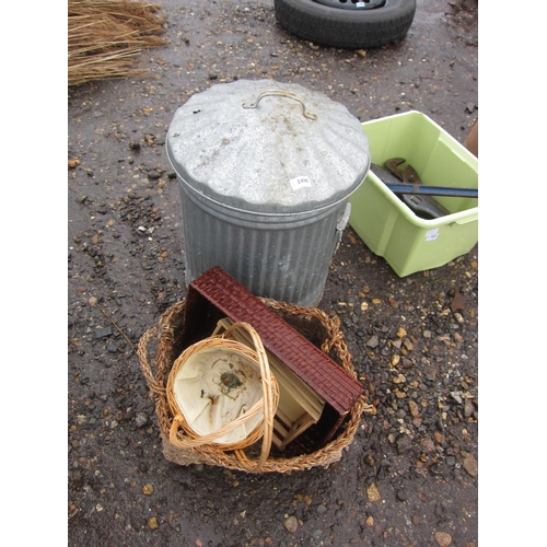 3486 - A galvanised lidded bin and a quantity of wicker baskets