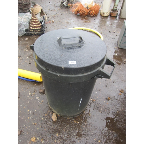 3507 - A plastic lidded bin and a quantity of pots