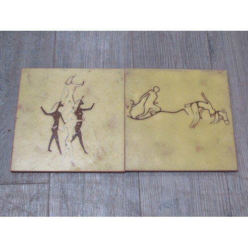 9117 - Approx 77 Italian ceramic tiles of two designs by Semigres with stylised figures on ochre ground. Ea... 