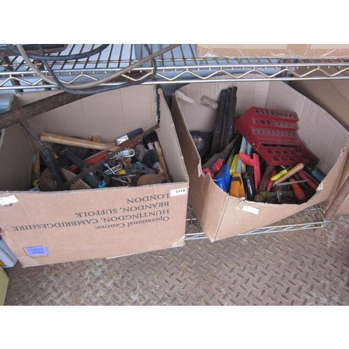 3310 - Two boxes containing mixed workshop tools, hammers, saws, pliers, etc