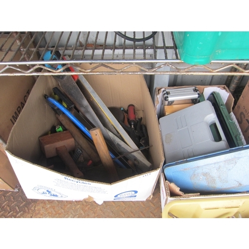 3314 - A box of tools including multiple saws, mallets, lump hammers, level, etc