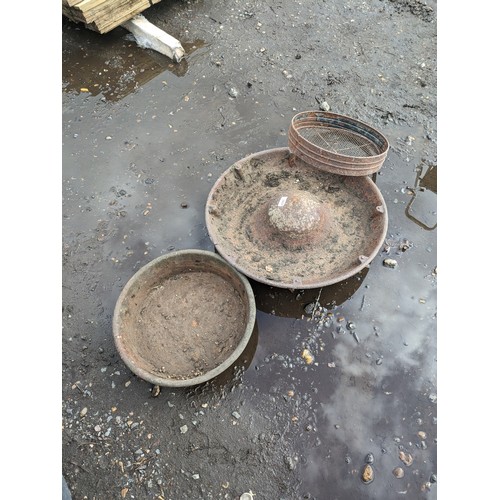 3557 - A cast circular pig trough, cast bowl and a soil sieve