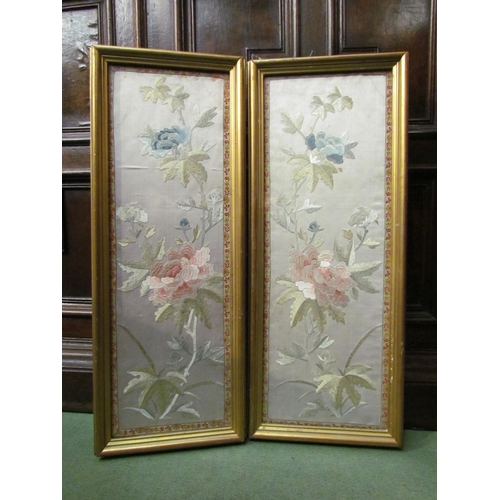 4065 - A pair of Chinese silk embroidery panels of foliate design, gilt framed and glazed, 51cm x 18cm imag... 