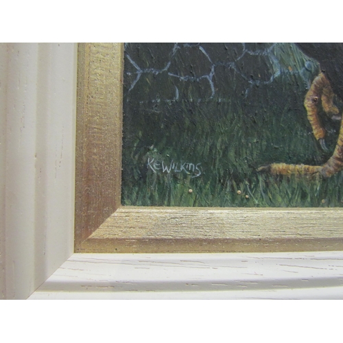 4102 - KATE WILKINS: An oil on board of a cockerel, signed lower left, framed, 15cm x 15cm image size