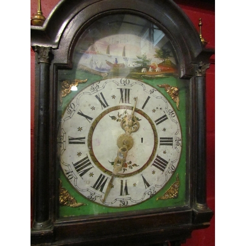 4140 - A Dutch oak cased Frisian tail clock with hand-painted scene, weights and pendulum