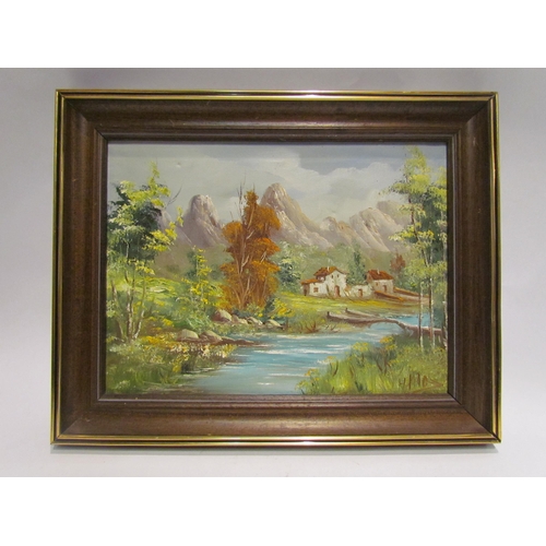 4505 - Oil on canvas depicting a mountain and river scene with stone buildings nestling by the water front,... 