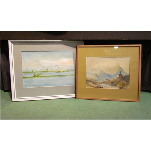 4509 - Two watercolours depicting flying geese over water and a European mountain scene with church and bri... 