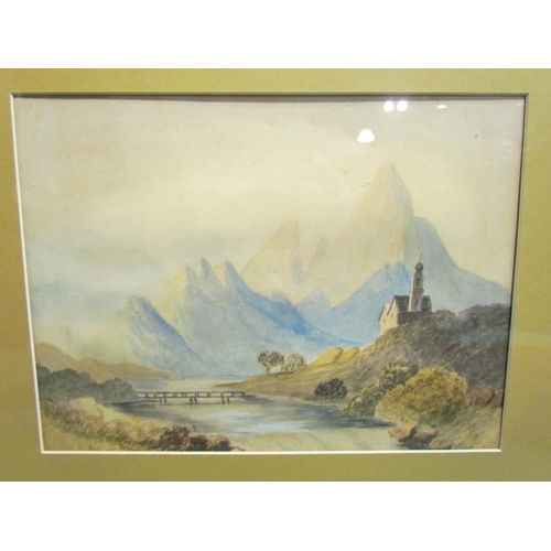 4509 - Two watercolours depicting flying geese over water and a European mountain scene with church and bri... 