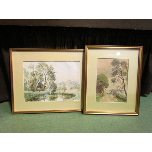 4510 - Two watercolours depicting a rural scene with a fisherman at a fields edge and bridge, both indistin... 