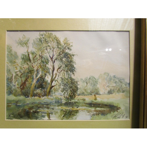 4510 - Two watercolours depicting a rural scene with a fisherman at a fields edge and bridge, both indistin... 