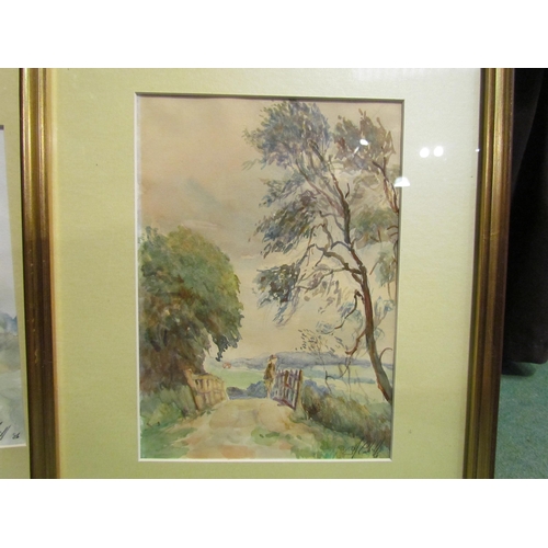 4510 - Two watercolours depicting a rural scene with a fisherman at a fields edge and bridge, both indistin... 