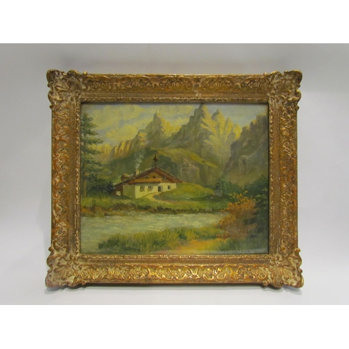 4512 - An oil on canvas board of alpine chalet scene, gilt framed, 32cm x 40cm