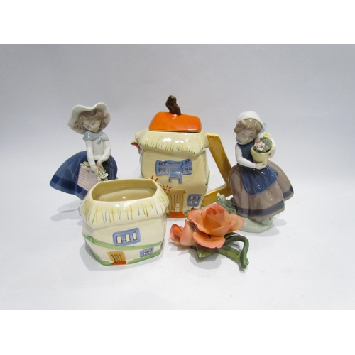 4526 - Two Lladro figures of girls, a teapot with matching pot and a Napoleon rose figure   (E) £10-20